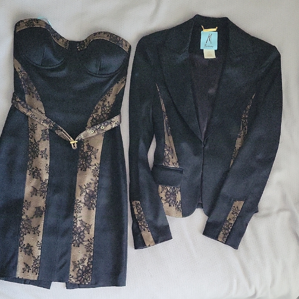 Elegant Black and Tan Lace Women's Jacket And Strapless Dress Set